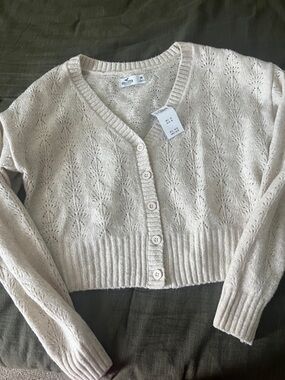 Hollister Cream Pointelle Cropped Button Cardigan
